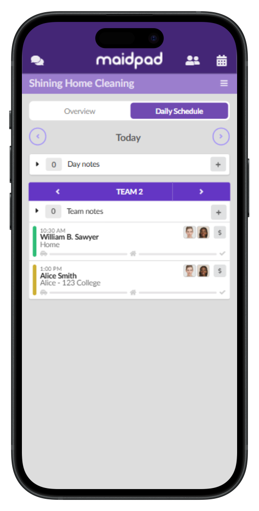 MaidPad app on an iPhone showing the scheduling interface